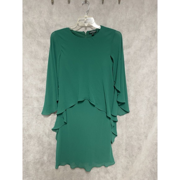 Ralph Lauren Dress Women 8 Emerald Green Midi Georgette Tiered Layered Shift - Picture 1 of 10